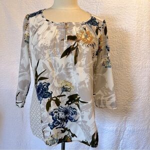Mexx Womens White & Grey Floral Abstract 3/4 Sleeve Blouse, Size 12